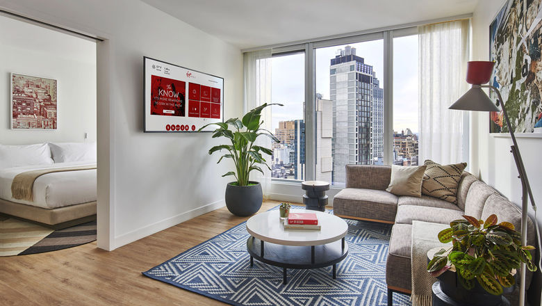 The living room in a one-bedroom suite at the Virgin Hotels New York.