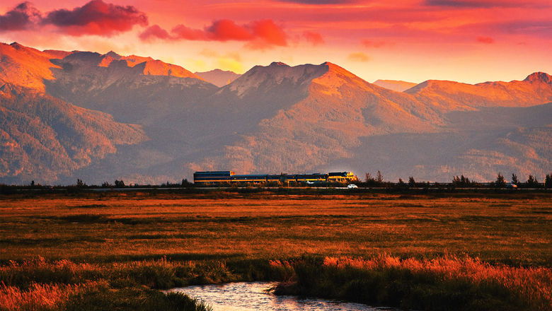 A train from the Alaska Railroad, which is offering the 12-night Centennial Special travel package between late May and early September in honor of its 100th anniversary.