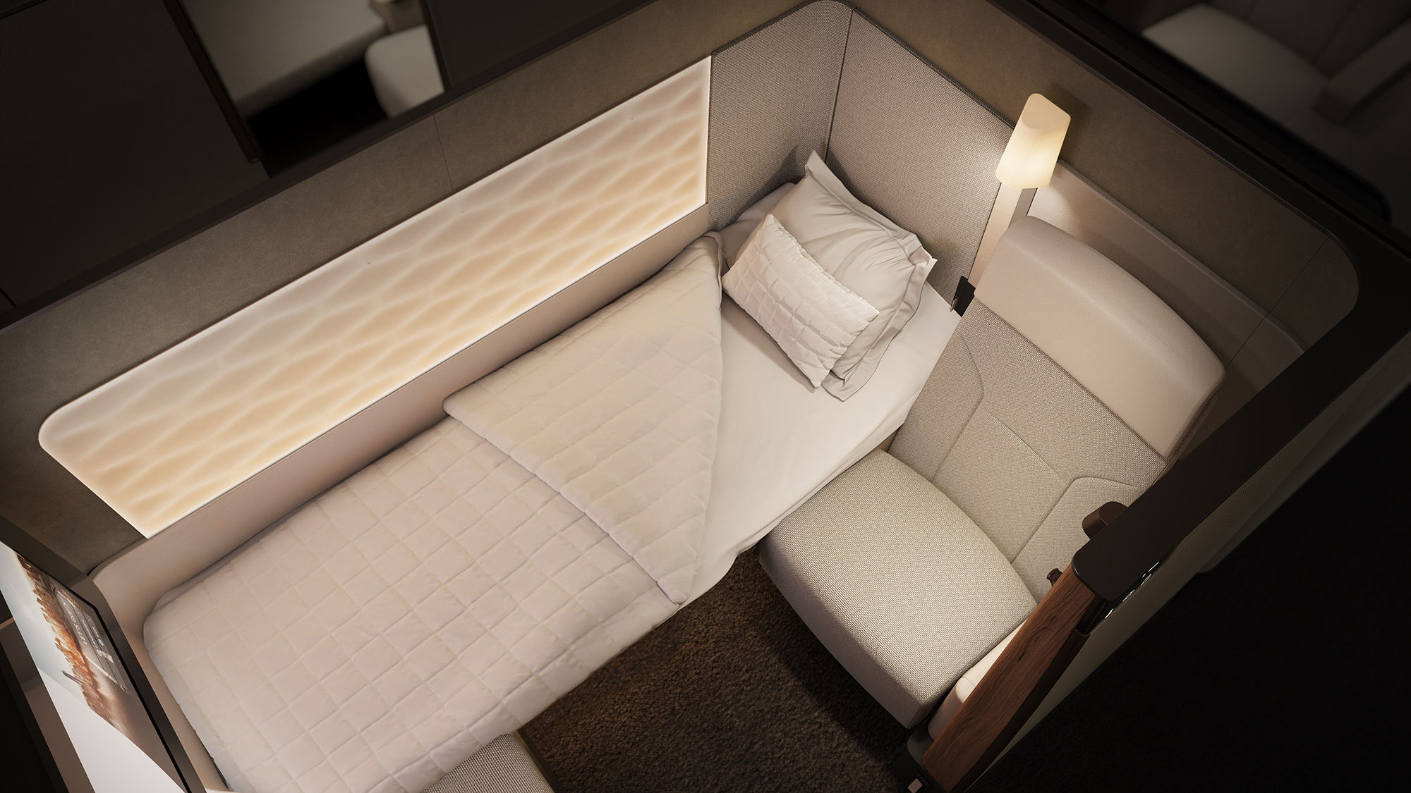 An overhead view of the Luxe First suite on Qantas' Airbus A350-1000 aircraft.