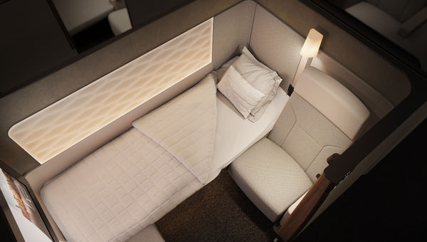 An overhead view of the Luxe First suite on Qantas' Airbus A350-1000 aircraft. An overhead view of the Luxe First suite on Qantas' Airbus A350-1000 aircraft.