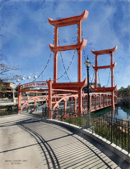 The San Fransokyo Gate Bridge will welcome guests into San Fransokyo Square.