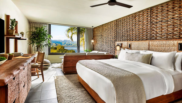 A nature-inspired guest room at the 1 Hotel Hanalei Bay.