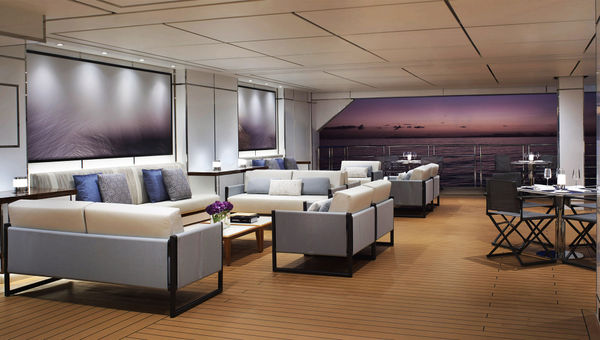 The Marina Terrace on Deck 3 extends beyond the edge of the ship with shallow patio balconies open to the sea on either side. The Marina Terrace on Deck 3 extends beyond the edge of the ship with shallow patio balconies open to the sea on either side.