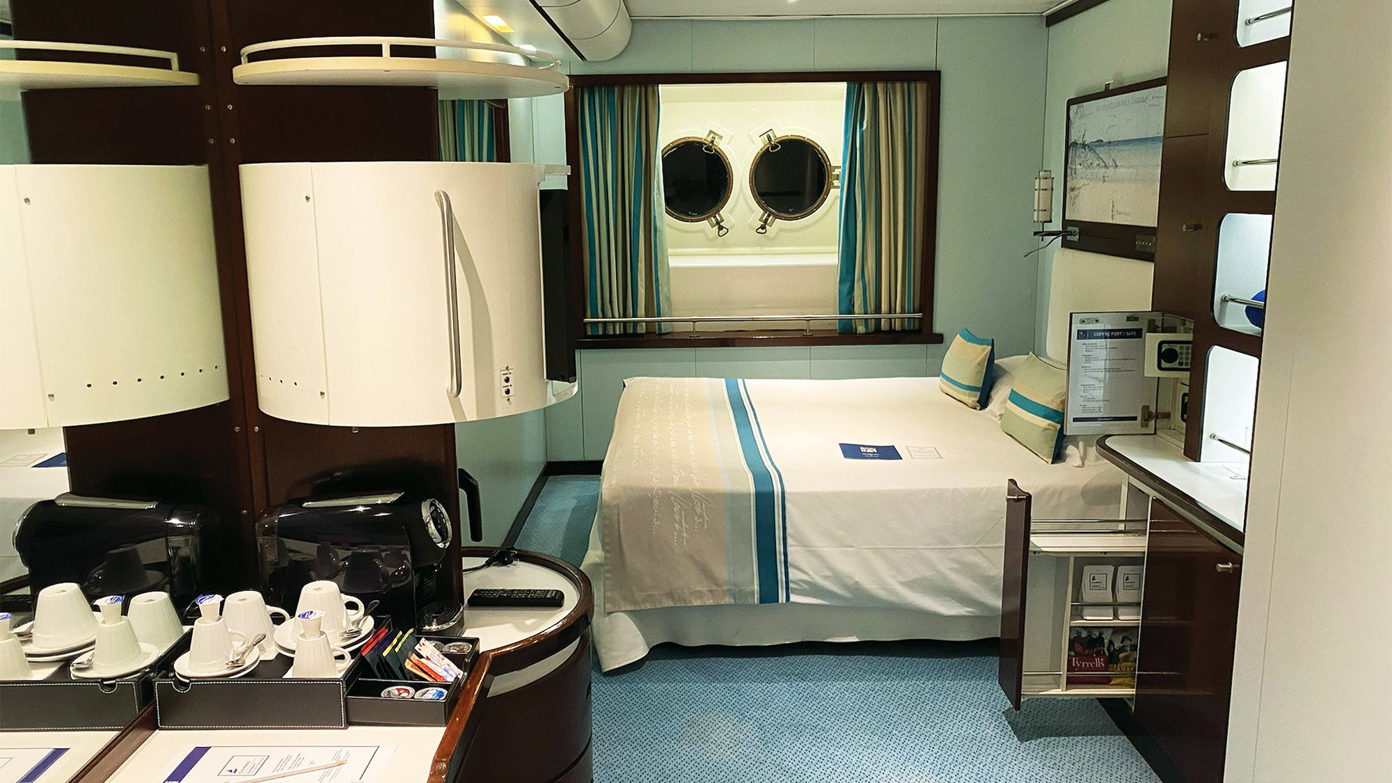 The staterooms on the Club Med 2 were not included in the line's recent refurbishment other than the addition of USB ports next to the bed.