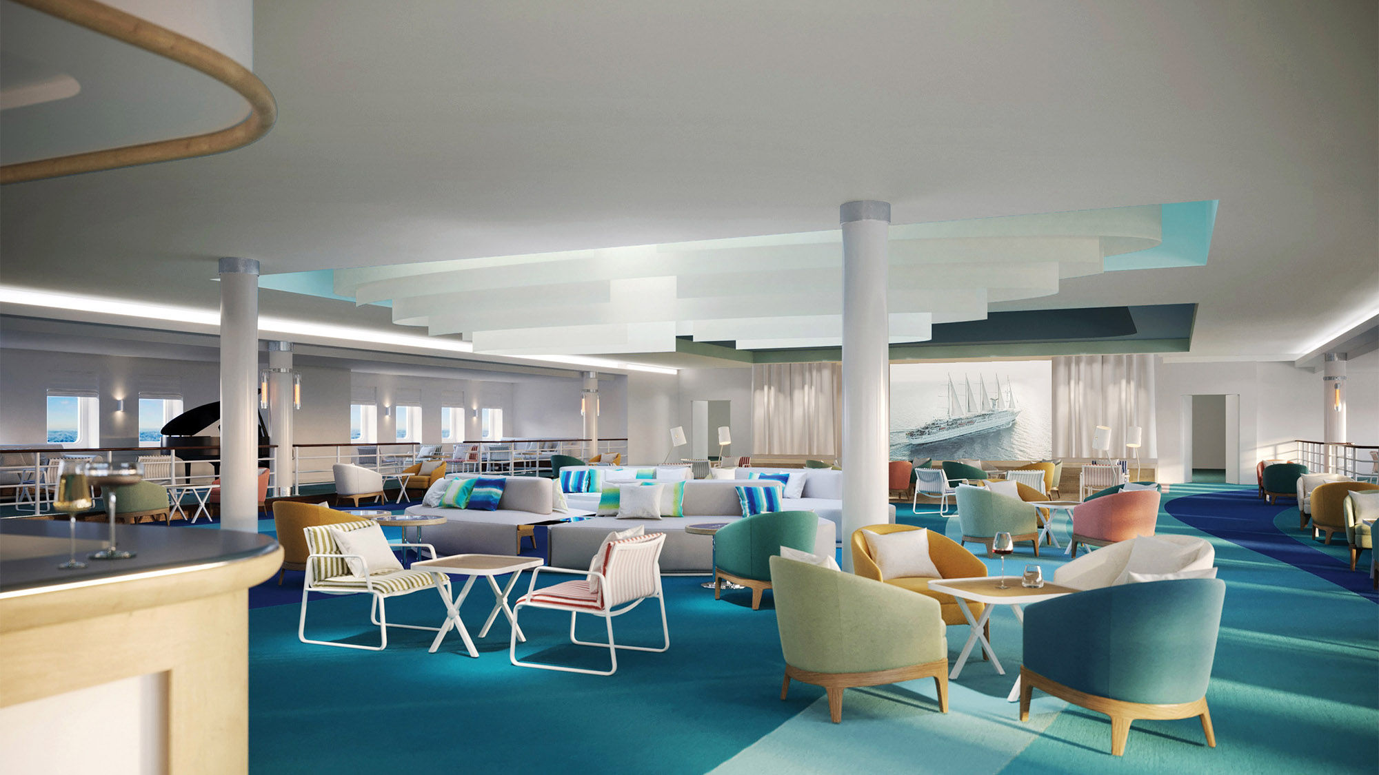 The Club Med 2's Yacht Club lounge was remade with new furniture and fabrics, including a suspended fabric centerpiece inspired by wind in the ship's sails.