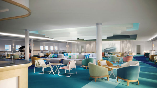 The Club Med 2's Yacht Club lounge was remade with new furniture and fabrics, including a suspended fabric centerpiece inspired by wind in the ship's sails. The Club Med 2's Yacht Club lounge was remade with new furniture and fabrics, including a suspended fabric centerpiece inspired by wind in the ship's sails.
