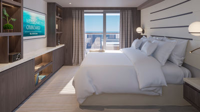 The bedroom in a Cove residence on the Explora I.