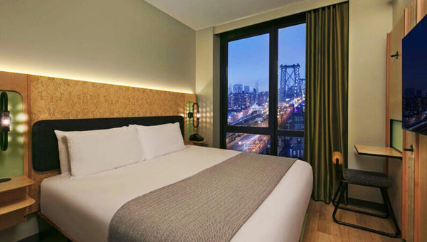A city view room at the Moxy Williamsburg. A city view room at the Moxy Williamsburg.