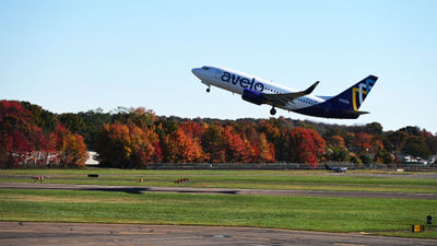 An Avelo Airlines jet taking off from Tweed-New Haven Airport in Connecticut.