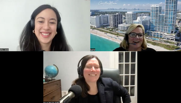 Clockwise from top left: Christina Jelski of Travel Weekly, Tammy Pahel, the vice president of spa and wellness operations for the Carillon Miami Wellness Resort, and Rebecca Tobin talk about wellness travel trends on the Folo by Travel Weekly podcast.