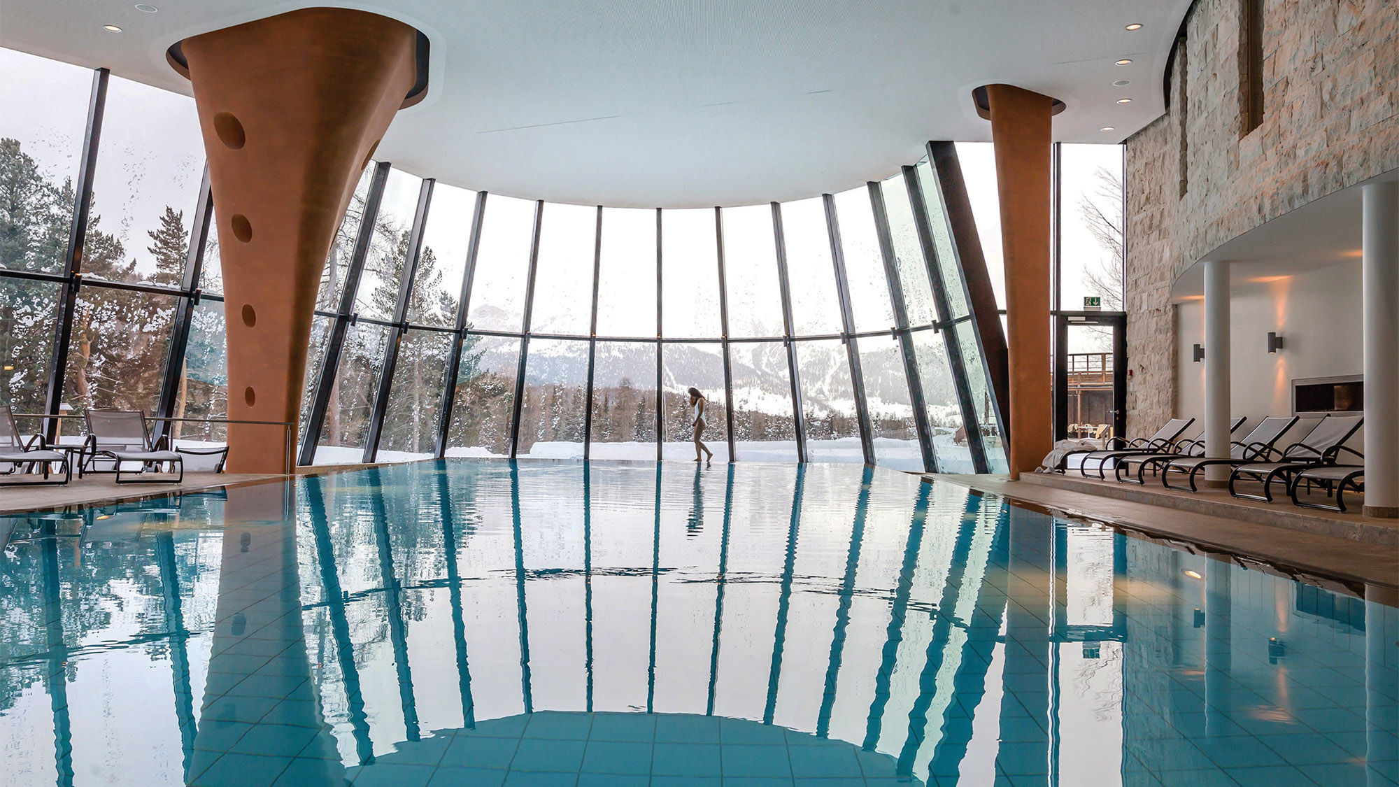 The Wellness Pool at the Grand Hotel Kronenhof, part of the hotel's expansive spa that also features saunas, a saltwater grotto and a stone cavern steam bath.