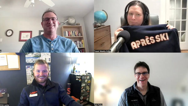 Clockwise from top left: Robby Silk and Rebecca Tobin of Travel Weekly, Tom Foley of Inntopia/DestiMetrics and Patrick Lacey of the Palisades Tahoe ski resort in California, on the Folo by Travel Weekly. Clockwise from top left: Robby Silk and Rebecca Tobin of Travel Weekly, Tom Foley of Inntopia/DestiMetrics and Patrick Lacey of the Palisades Tahoe ski resort in California, on the Folo by Travel Weekly.