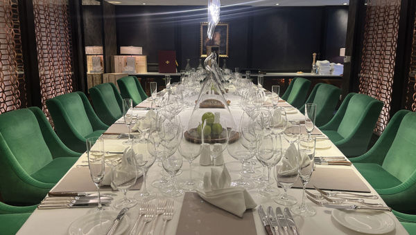 A dining table in the Vintage Room on the Riverside Mozart.