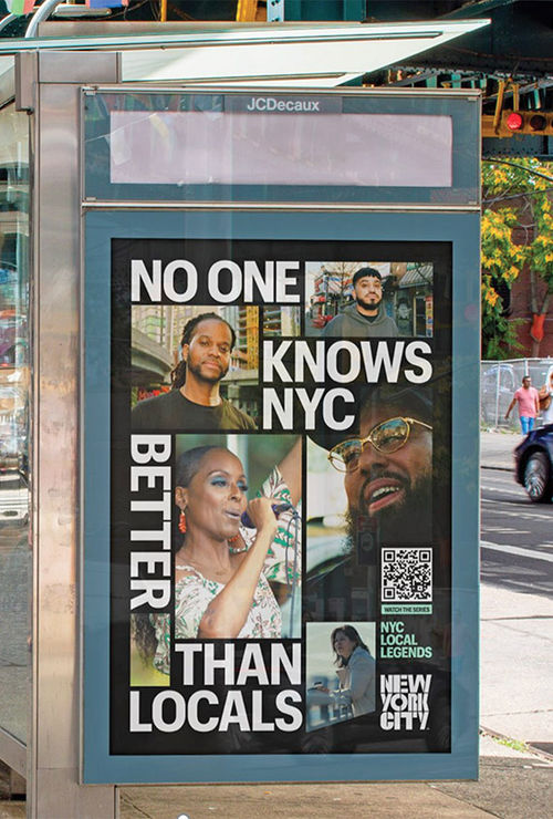 New York's official destination marketing organization changed its name to New York City Tourism + Conventions. It's new logo in an ad on a bus shelter.