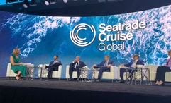 The State of the Global Cruise Industry panel at Seatrade Cruise Global (from left): moderator Lucy Hockings, Carnival Corp.'s Josh Weinstein, MSC Cruises' Pierfrancesco Vago, Royal Caribbean Group's Jason Liberty, Norwegian Cruise Line Holdings' Frank Del Rio and CLIA's Kelly Craighead.