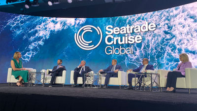 The State of the Global Cruise Industry panel at Seatrade Cruise Global (from left): moderator Lucy Hockings, Carnival Corp.'s Josh Weinstein, MSC Cruises' Pierfrancesco Vago, Royal Caribbean Group's Jason Liberty, Norwegian Cruise Line Holdings' Frank Del Rio and CLIA's Kelly Craighead.