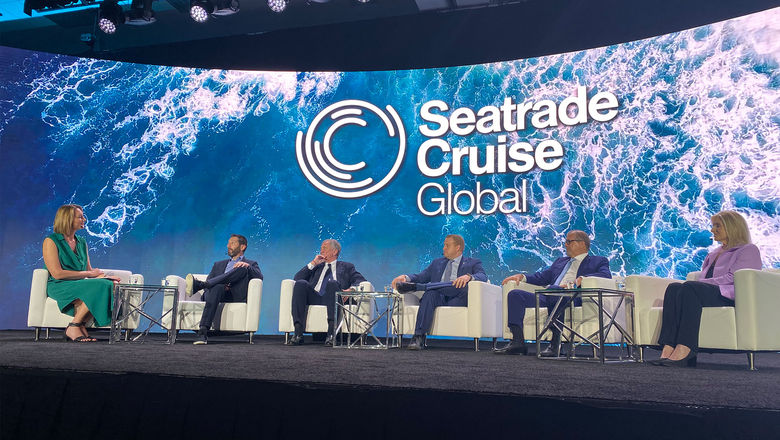 The State of the Global Cruise Industry panel at Seatrade Cruise Global (from left): moderator Lucy Hockings, Carnival Corp.'s Josh Weinstein, MSC Cruises' Pierfrancesco Vago, Royal Caribbean Group's Jason Liberty, Norwegian Cruise Line Holdings' Frank Del Rio and CLIA's Kelly Craighead.