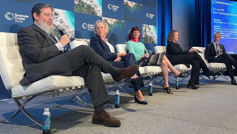 At Seatrade Cruise Global's River Cruising Spotlight panel (from left): Matthew Shollar, Transcend Cruises; Cindy D’Aoust, American Queen Voyages; Jennifer Halboth, Riverside Luxury Cruises; Janet Bava, AmaWaterways; and moderator Gabriele Bassi, Cruising Journal.