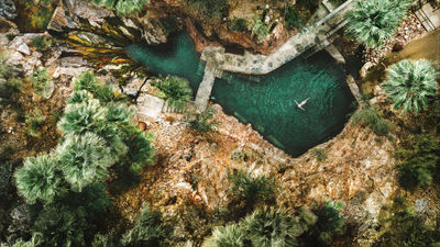 An aerial view of a mineral pool area at Castle Hot Springs in Arizona.