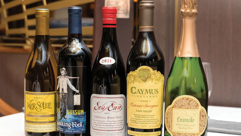 The five Caymus Vineyards wines that will be served at Princess' winemaker's dinners.
