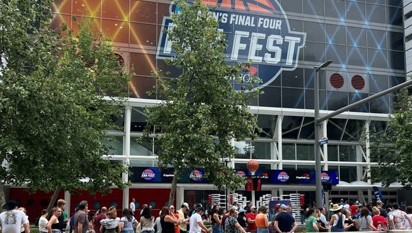 People outside the Men’s Final Four Fan Fest at the George R. Brown Convention Center.