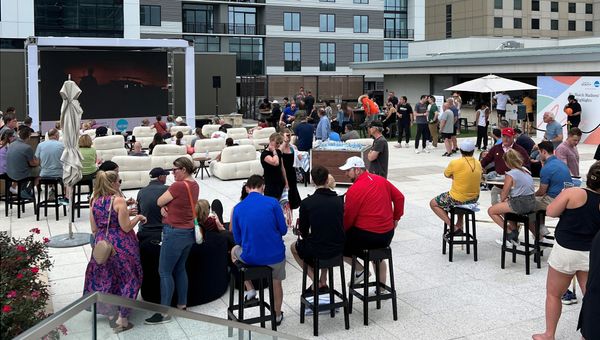 Guests of the Marriott Marquis Houston gather around big-scene TVs for a watch party of the women’s championship game. Guests of the Marriott Marquis Houston gather around big-scene TVs for a watch party of the women’s championship game.