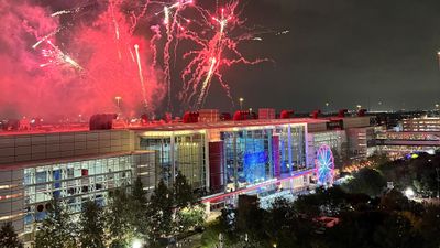 Fireworks capped off the March Madness Music Fest outside the George R. Brown Convention Center in Houston.