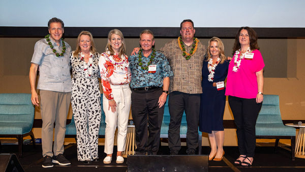 The panel participants, from left: Moderator Arnie Weissmann, Camile Olivere of Globus, Kama Winters of Delta Vacations, Jack Richards of Pleasant Holidays, Ray Snisky of ALG VAcations, Melissa Krueger of Classic Vacations and Susan Ogden of Gogo Vacations and Liberty Travel.