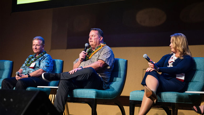 Ray Snisky of ALG Vacations, center, speaks during a panel discussion of wholesale-travel and tour operator executives at the annual Travel Weekly Hawaii Leadership Forum; with him onstage is Jack Richards of Pleasant Holidays and Melissa Krueger of Classic Vacations.