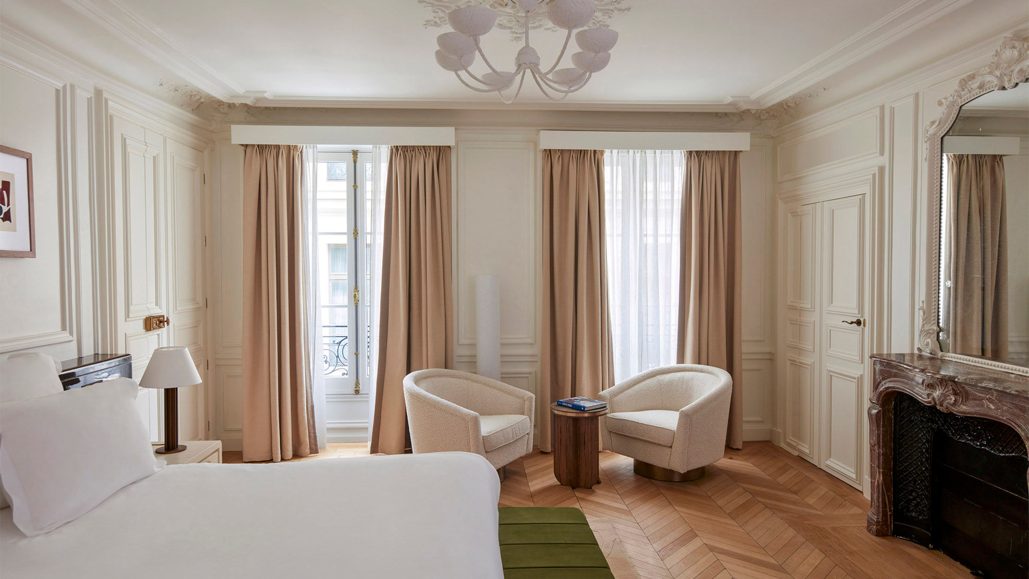 A guestroom at the 56-room Maison Delano Paris, which opened this month.