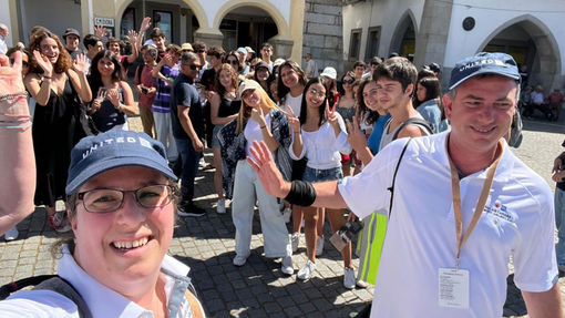 For one of the race challenges, teams had to conscript a group of locals for a group picture. Whoever found the biggest group got the points. Dispatch writer Robert Silk is on the right. Travel advisor Eve Primeau took the selfie.