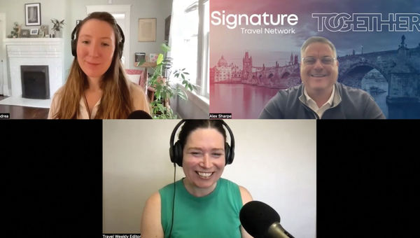 The Folo by Travel Weekly podcast on the incoming class of cruise CEOs, from top left: Andrea Zelinski of Travel Weekly, Alex Sharpe of Signature Travel Group and host Rebecca Tobin. The Folo by Travel Weekly podcast on the incoming class of cruise CEOs, from top left: Andrea Zelinski of Travel Weekly, Alex Sharpe of Signature Travel Group and host Rebecca Tobin.