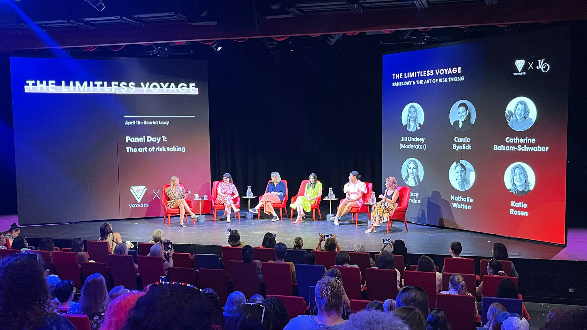 A panel session onboard Virgin Voyages’ Scarlet Lady during the inaugural Jennifer Lopez-curated Limitless Voyage for women entrepreneurs.