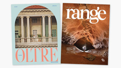 Left, the debut issue of Oltre, Internova's quarterly magazine targeted at customers of its luxury division, Global Travel Collection. Right, the January 2023 issue of Range, Ensemble's quarterly magazine.