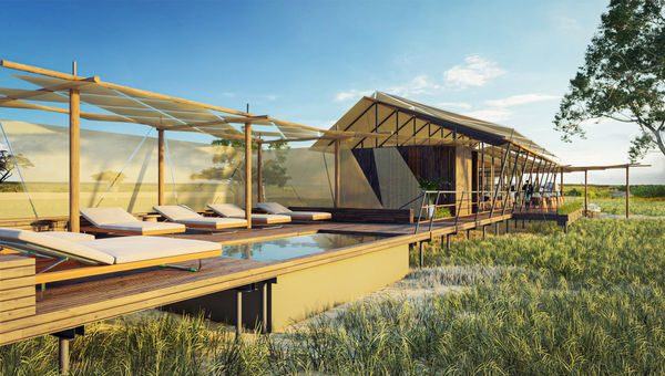 Rendering of the main lodge at the Wilderness Mokete tented camp. Rendering of the main lodge at the Wilderness Mokete tented camp.