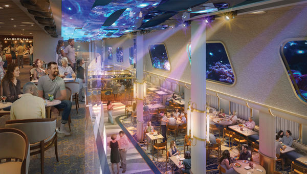 A rendering of the Currents zone on the Carnival Jubilee shows LED windows and the ceiling creating an underwater ambience. A rendering of the Currents zone on the Carnival Jubilee shows LED windows and the ceiling creating an underwater ambience.
