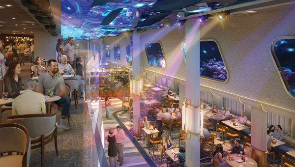 A rendering of Carnival Jubilee's Currents area showcases LED windows and ceiling creating an underwater atmosphere.