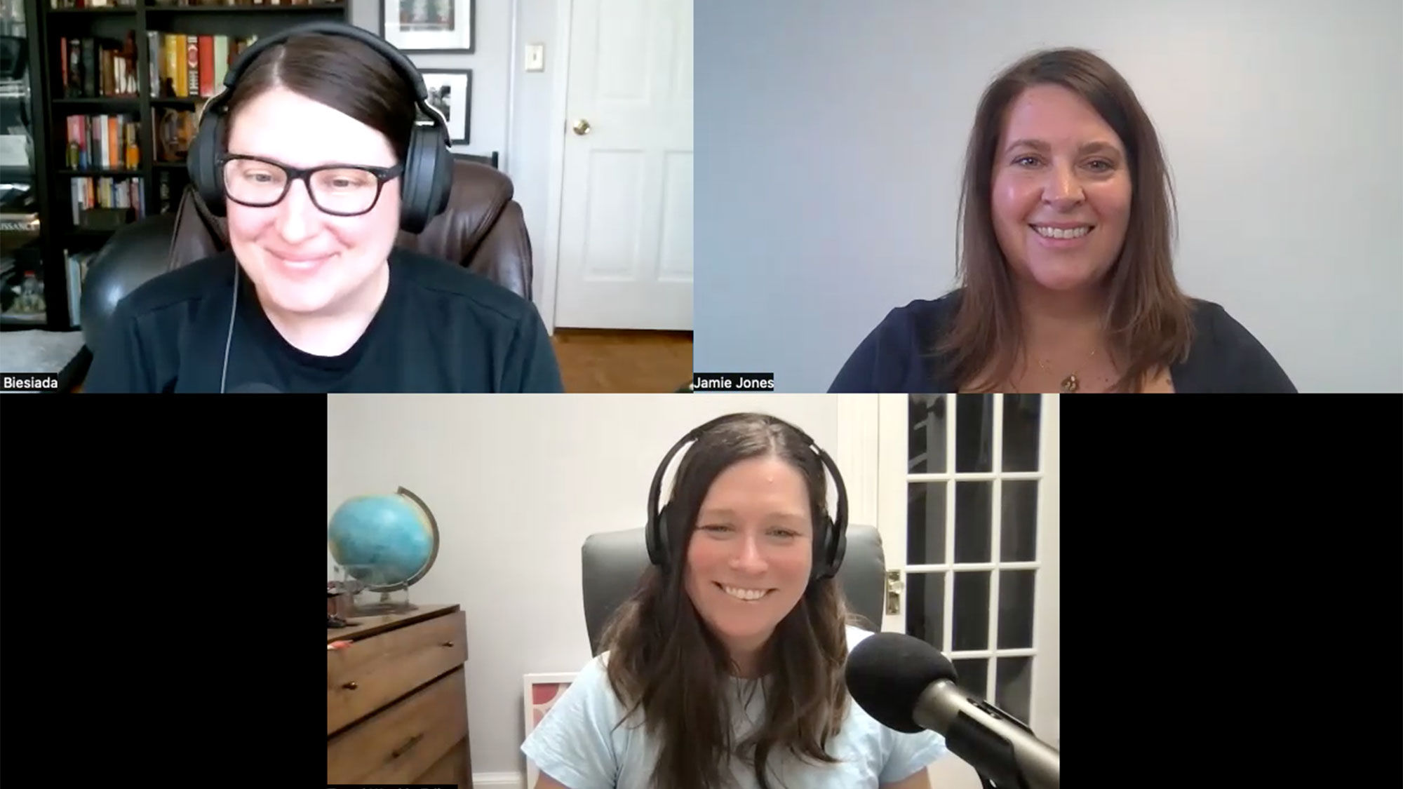Clockwise from top left: Jamie Biesiada of Travel Weekly, Jamie Jones of WhirlAway Travel and Rebecca Tobin of Travel Weekly on the Folo by Travel Weekly podcast episode about fees.