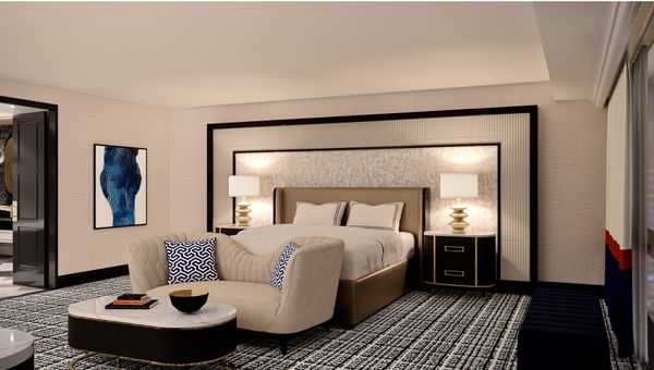 Rendering of a suite bedroom in the Paris Las Vegas Versailles Tower.