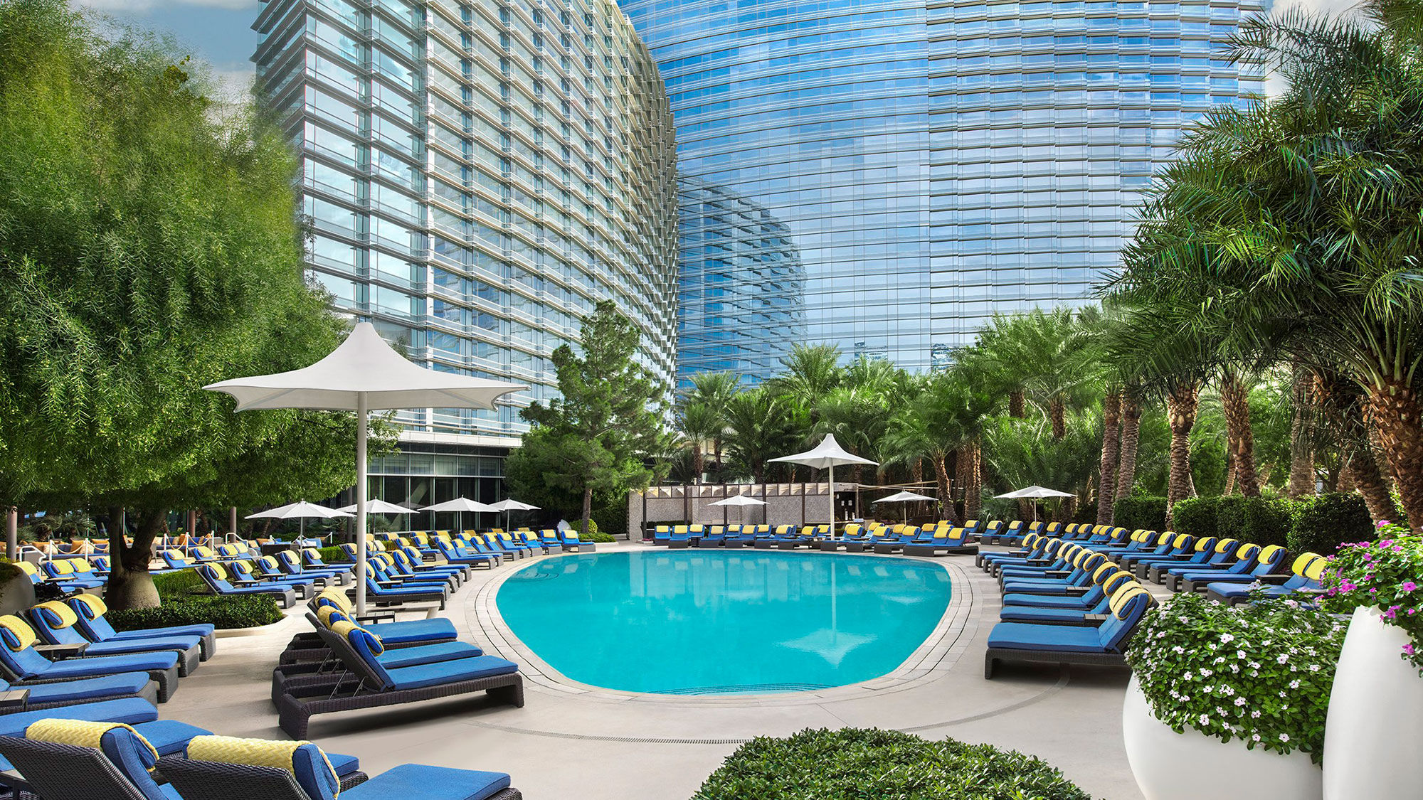 Aria's pool area unveiled an expanded pool bar this year. A renovated lounge space includes six TVs and a reimagined menu of refreshments.