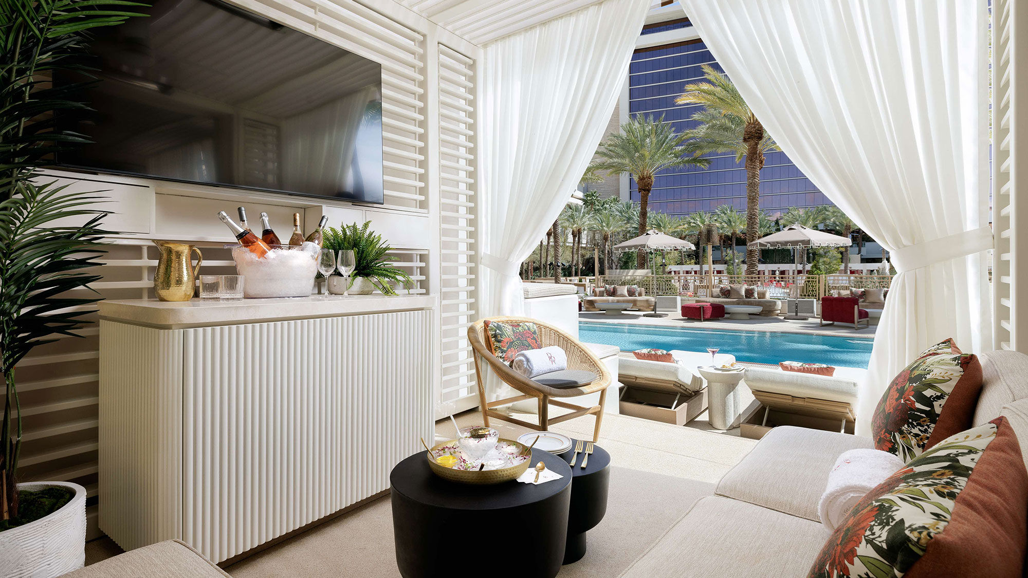 The Rouge Cabanas are an upscale, adults-only poolside experience at the Red Rock Resort.
