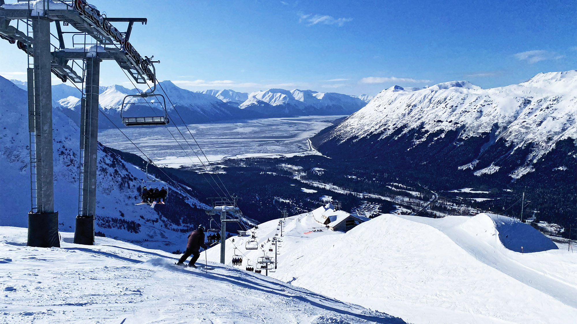 The Alyeska ski area offers amazing views of the Chugach Range and the Cook Inlet. Much of the ski area occupies a single bowl, where skiers and riders will find all sorts of nooks and crannies, some of them framed by rock outcroppings, others by the numerous humps and bumps that comprise the bowl's terrain.