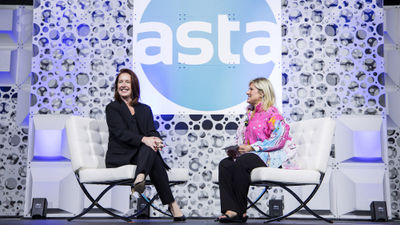 Celebrity Cruises president Laura Hodges Bethge (left) with ASTA board member Tiffany Hines at the 2023 ASTA Global Convention.