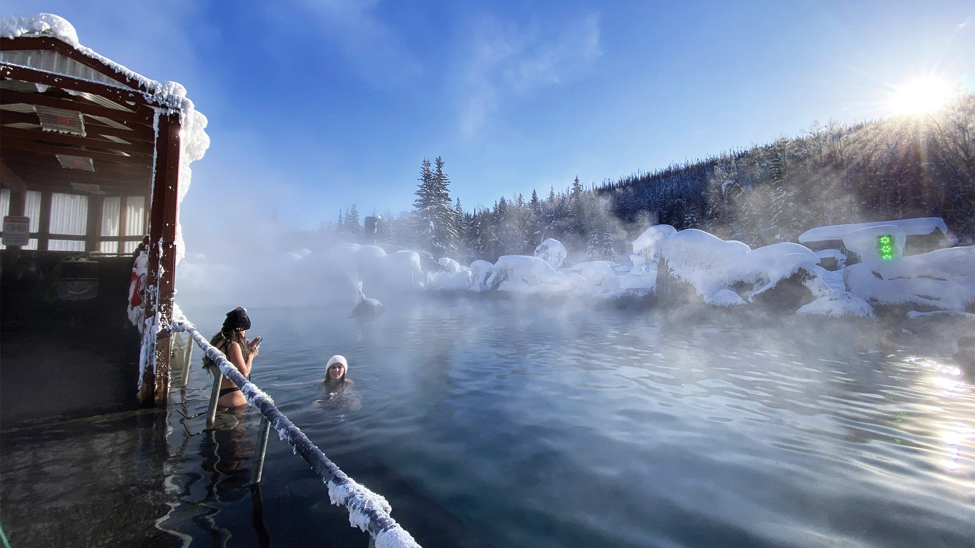 Chena Hot Springs, about 60 miles from Fairbanks, provides a hot outdoor mineral water plunge in a beautiful setting, even on sub-zero days. Just be ready for icicles to form in your wet hair.