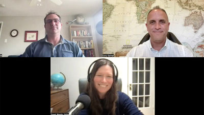 Clockwise from top left: Robert Silk of Travel Weekly, airline-distribution consultant Cory Garner and Travel Weekly's Rebecca Tobin on a Folo podcast to talk about NDC implementation at American Airlines and what GDSs and other airlines are doing to adapt to NDC.