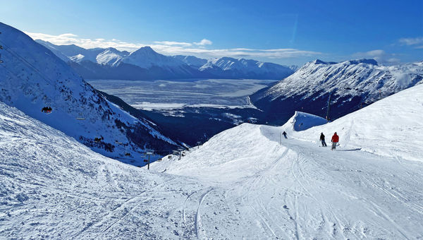 Views of the Cook Inlet and the Chugach range can distract skiers on Alyeska's ski mountain. Views of the Cook Inlet and the Chugach range can distract skiers on Alyeska's ski mountain.