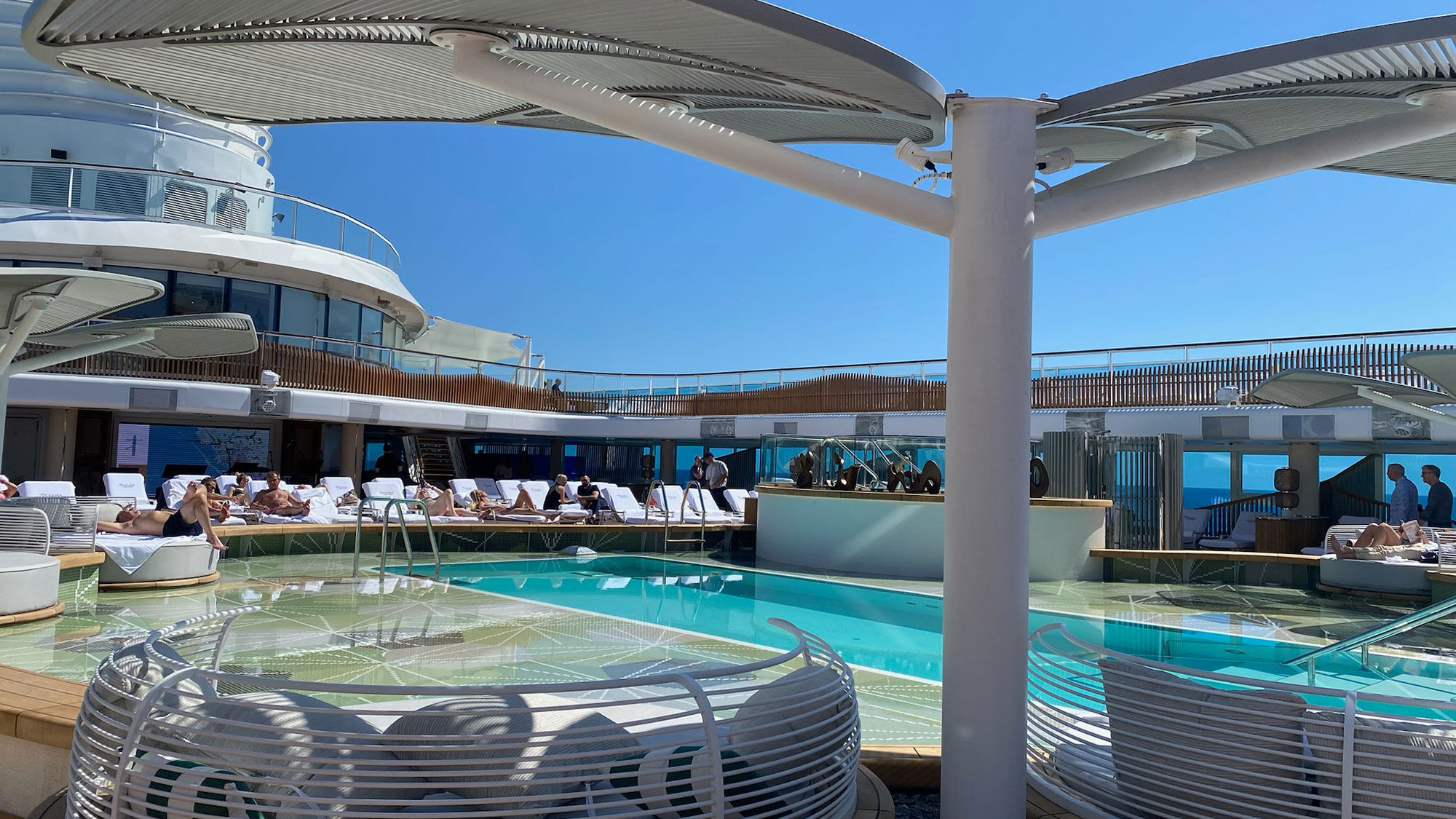 The pool deck on Oceania's Vista has a large tanning ledge where guests can walk, sit or sunbathe.