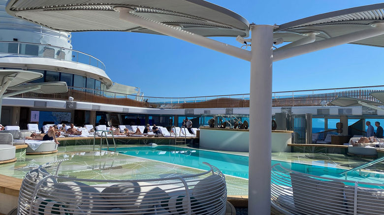 The pool deck on Oceania's Vista has a large tanning ledge where guests can walk, sit or sunbathe.