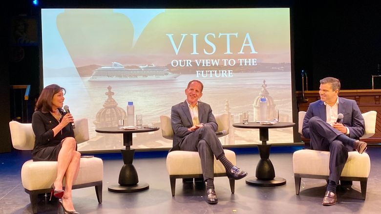 From left, Oceania senior vice president of sales Nikki Upshaw, upcoming Norwegian Cruise Line Holdings CEO Harry Sommer and Oceania president Frank A. Del Rio during the christening sailing of Oceania's Vista on May 7.