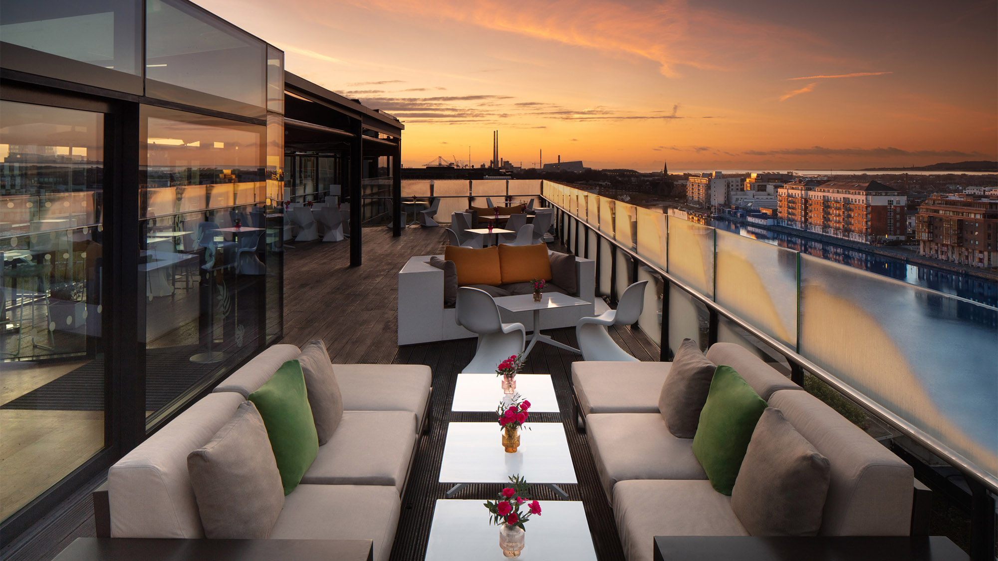 The rooftop terrace and bar at the Anantara The Marker Dublin Hotel.